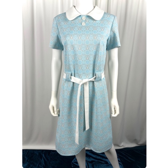 Vintage 1960’s 1970’s Sears Collared Shirt Dress in Soft Baby Blue + Grey - S/M - Picture 1 of 10
